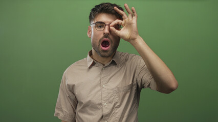 Young hispanic man wearing eyeglasses makes ok sign around eye and stares ahead in green studio; approval.