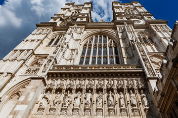 Art and Architecture of Westminster Abbey. Detail of carvings and sculptures on the western entrance hall of the historic Anglican church and landmark.