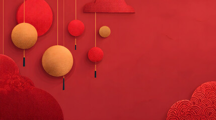 Obraz premium Festive Red Background with Hanging Ornaments and Clouds