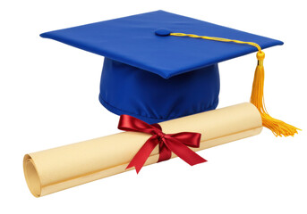 Blue graduation cap and diploma isolated, academic achievement concept for education and success, on a clean background