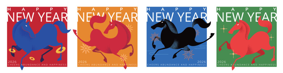 Set of 2026 Year of the Horse New Year greeting design, Year of the Horse zodiac, festive cover, social media, card or banner template