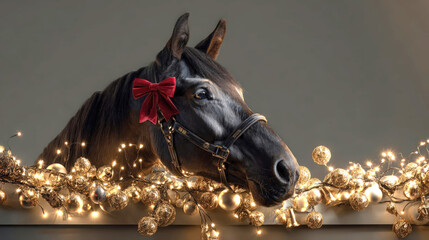 A black horse adorned with a red bow, surrounded by golden lights and ornaments. The scene captures a festive holiday atmosphere.