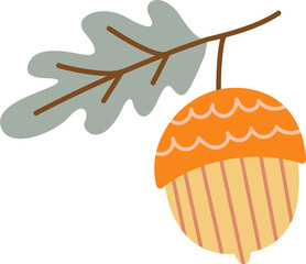 Hand Drawn Acorn with Oak Leaf in Warm Autumn Colors for Seasonal Decor and Fall Illustrations