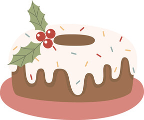 Christmas bundt cake with icing, sprinkles and holly festive vector illustration