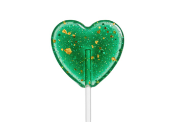 Green heart-shaped lollipop with gold flakes isolated on transparent background, sweet candy treat for Valentine s Day and special occasions