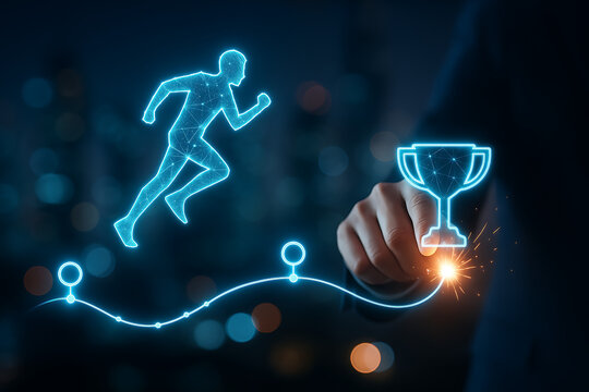 The concept of a competitive business race to achieve corporate success and reaching goals, shown by a digital runner pointing towards a sparkling trophy