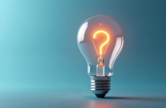 Clear glass lightbulb with glowing question mark inside on blue background. Idea generation and problem-solving concept. Illuminated inquiry symbol for educational or business use.