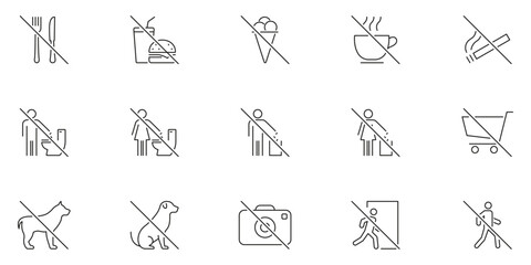 No Entry Or Prohibited Actions Line Icon Set. Restriction And Prohibition Symbols Collection. No Eating, Drinking, Smoking, Pets, Photography, And Entry. Editable Stroke. Isolated Vector Illustration