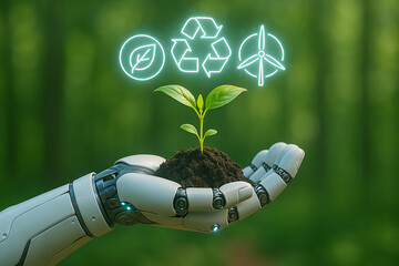 A robotic hand holds a small green plant with neon outline icons of a leaf, recycling symbol, and a wind turbine, symbolizing the union of nature, technology, and environmental responsibility