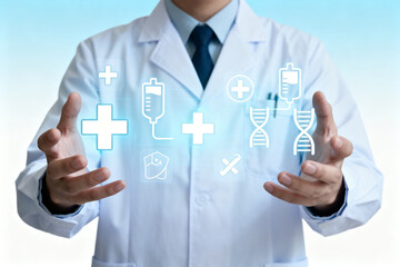 Doctor with medical icons floating in hands