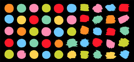 Bright color circles and splashes. Round brush paint spots. Vector set of hand painted watercolor yellow, red, green, blue, pink color washes. Texture background collection. Hand-drawn retro squiggle
