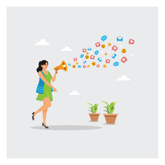 Young Public Relations Woman Talking with Megaphone on Social Media for Online Promotion.