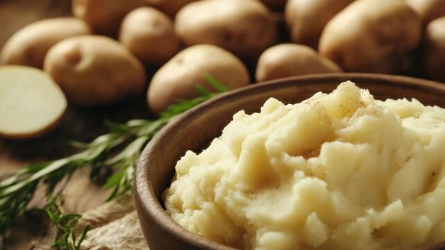 Bowl of creamy mashed potatoes with herbs on rustic wooden table