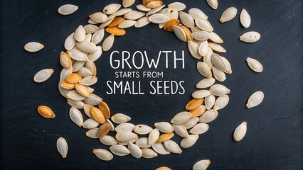 Pumpkin seeds arranged in a circular pattern on a black background