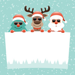 Baum Rentier Und Weihnachtsmann Sonnenbrille Halten Schild Schnee Türkis