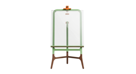 Isolated, decorative stand with clear board for display of artwork, announcements, and signs