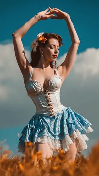 Bailarina Pin-Up Vintage en Pradera al Viento | Video Vertical 4K 9:16 para Redes Sociales