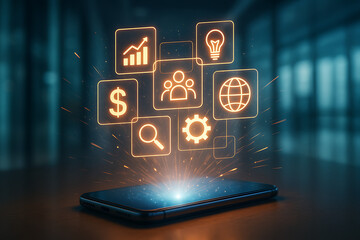 mobile business management and digital marketing concept featuring a smartphone with glowing, interconnected icons representing finance, team, idea, data, and global network