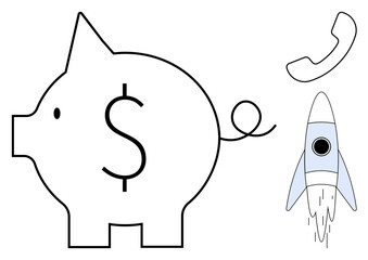 Piggy bank with a dollar sign, a rocket symbolizing growth and innovation, and a phone for communication. Ideal for finance, savings, investment, technology, connectivity startups futurism. Simple
