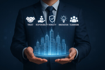 corporate values and business ethics concept with a professional holding a glowing city and icons representing trust, responsibility, honesty, innovation, and teamwork