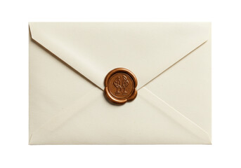 Elegant ivory envelope with bronze wax seal isolated, vintage stationery for invitations and special occasions