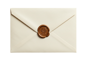 Elegant ivory envelope with bronze wax seal isolated, vintage stationery for invitations and special occasions