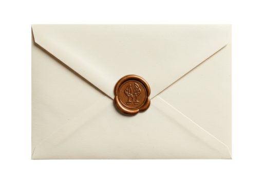 Elegant ivory envelope with bronze wax seal isolated, vintage stationery for invitations and special occasions