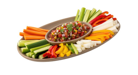 Isolated colorful vegetable platter with dip or salsa on serving plate for snacking table