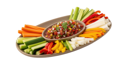 Isolated colorful vegetable platter with dip or salsa on serving plate for snacking table