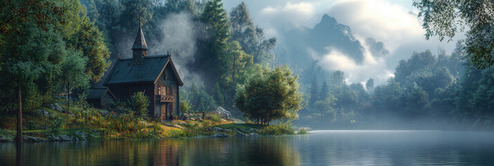 Serene lakeside cabin nestled among lush trees at dawn near a misty mountain backdrop