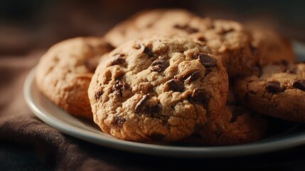 Close up of freshly baked chocolate chip cookies piled on a white plate