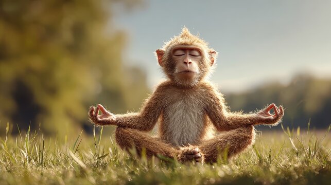 funny monkey in yoga pose with closed eyes sitting on the grass