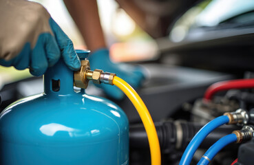 Technician repairs car air conditioning system. Mechanic checks refrigerant level using special equipment. Automotive service worker connects tube to gas cylinder. Auto repair expert servicing