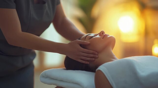 Woman receiving relaxing head massage at spa with warm lighting