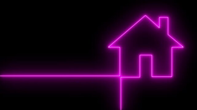 Neon line home icon. Neon line Cool linear animated home icon. House icon glowing neon light on black background.