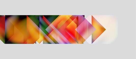 Naklejka premium Abstract geometric shapes overlap, creating vibrant color patterns. Warm tones dominate, fading into cooler hues. Composition suggests forward movement.