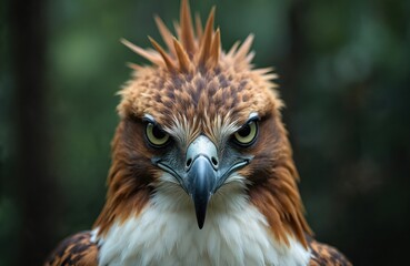 Obraz premium Close-up of Philippine eagle head. Large bird of prey with brown and white feathers, sharp beak, and intense gaze. Endangered species native to Philippine forests.