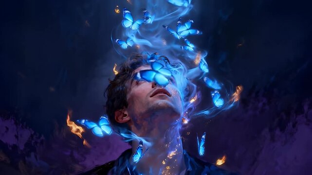 A man's face dissolving into a swarm of glowing blue butterflies against a dark background