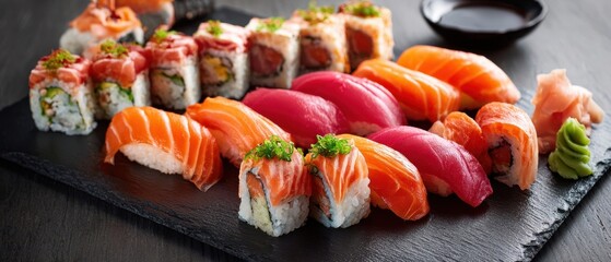 The Sushi Platter Featuring Assorted Salmon Tuna Nigiri Rolls Sashimi and Condiments