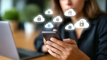 A woman uses a smartphone for cloud database backup icons of secure storage glowing her desk with a laptop and a small plant preventing cybercrime cloud technology data - Powered by Adobe