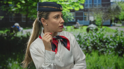 Middle aged woman air hostess adjusts bright red scarf at collar by leafy park building; confidence...