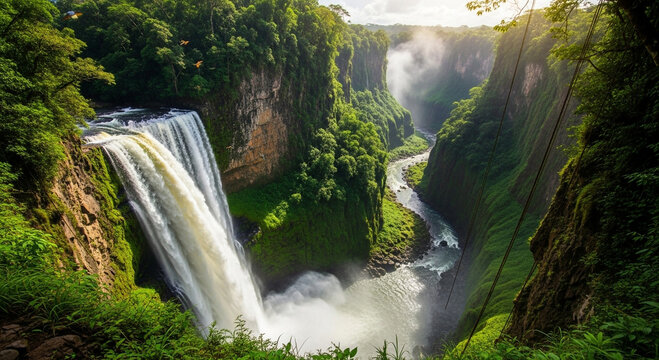A majestic waterfall cascading into a lush, green canyon, surrounded by dense rainforest and vibrant vegetation