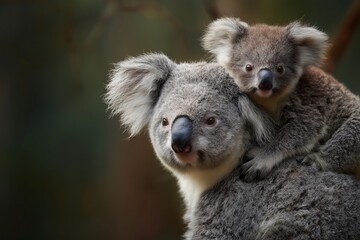 Fototapeta premium Koala mom carrying her little one on her back in nature