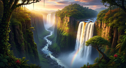 A breathtaking view of multiple waterfalls flowing into a misty canyon at sunset, surrounded by lush tropical foliage