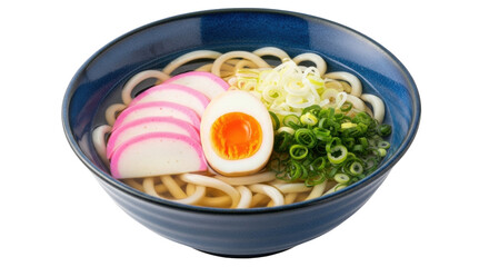 Isolated Bowl of Udon Noodle Soup Topped with Fish Cake, Egg and Green Onion Scallions
