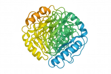 Protein molecule structure showing enzyme activity in a colorful rainbow pattern for biochemistry and medical research