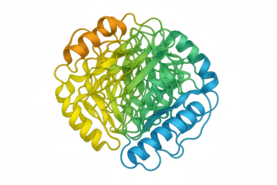 Protein molecule structure showing enzyme activity in a colorful rainbow pattern for biochemistry and medical research