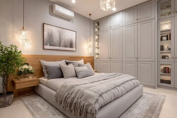 Obraz premium Modern Comfort. A stylish bedroom interior with cozy decor.