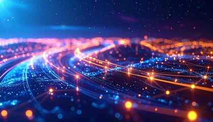Obraz premium Mobile communication network nodes, glowing dots connected by curved lines, representing digital interaction, modern gradient background, 3D depth, 16:9”