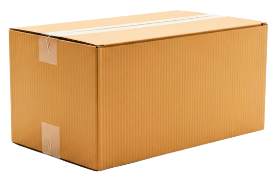 Closed brown cardboard shipping box sealed with packing tape on a transparent background